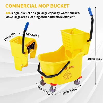 Immagine prodotto di Set per la pulizia a secco - Carrello per la pulizia da 32 litri con due scomparti - Ruote - Pressa laterale - Ideale per la pulizia dei pavimenti - Colore beige
