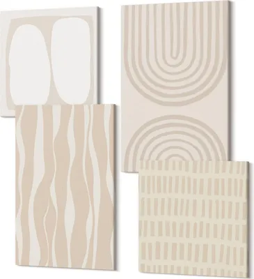 Produktbild von Leinwandbild Set 4-teilig – Modernes Wandbild – Polycanvas Kunstdruck – Abstrakte Bilder – Hochwertige Wandkunst – 2x 40x40 cm + 2x 40x60 cm – Abstrakte Muster unregelmäßige Formen Boho
