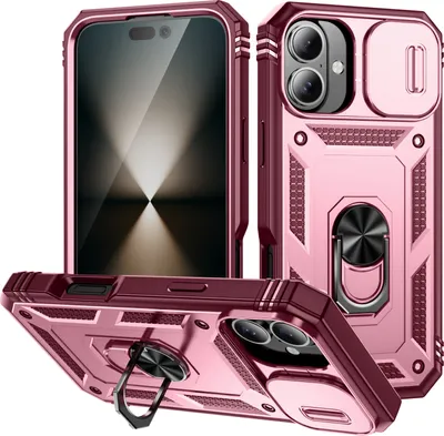 Produktbild von iPhone 16 Hülle, Schiebe Kamera Schutz Stoßfest Schutzhülle mit Ringhalterung Ständer für iPhone 16 Rosa