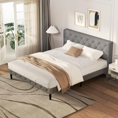 Image de Aiibot Lit Double 140x200 cm avec Sommier Pieds, Tête de Lit Rembourrée, hauteur 30 cm, Supporte Jusqu'à 380 kg