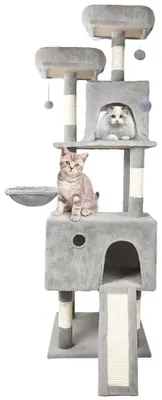 Image de Arbre à gratter pour chats, tour pour chats avec maisonnette, 5 niveaux, hamac, échelle et plateformes de repos, en bois, dimensions : 48x48x162 cm, modèle 4