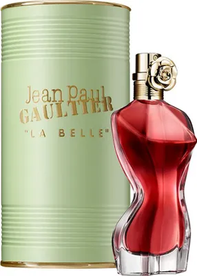A perfume bottle and its packaging are displayed against a white background.