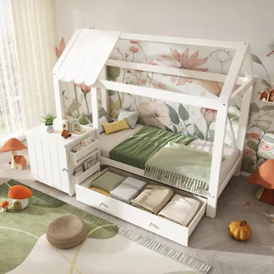 Produktbild von Hausbett, Kinderbett aus Massivholz mit Schubladen & abnehmbarem Nachttisch,ohne Matratze 90x200 cm