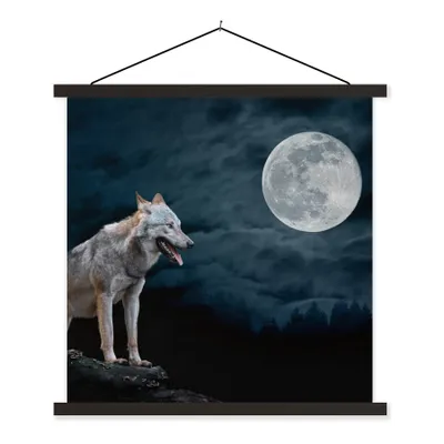 Produktbild von MuchoWow® Textilposter Wolf - Mond - Nacht - Tiere - Porträt 120x120 cm mit schwarzem Rahmen - Aufhängungsset