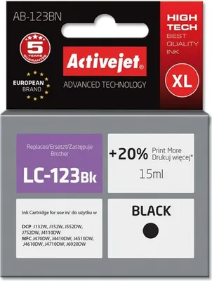 Image de Encre Activejet AB-123BN (remplace Brother LC123Bk/LC121Bk ; Supreme ; 15 ml ; noire)