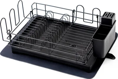 Produktbild von Abtropfgestell Geschirr | HxBxT 15x42x31cm | Stahl | mit Besteckhalter, Tassenhalter, drehbarem Wasserablauf, Abtropfbrett & Trockenmatte, Geschirrabtropfgestell Abtropfständer