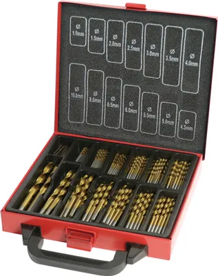 A red toolbox containing a 99-piece set of HSS drill bits.