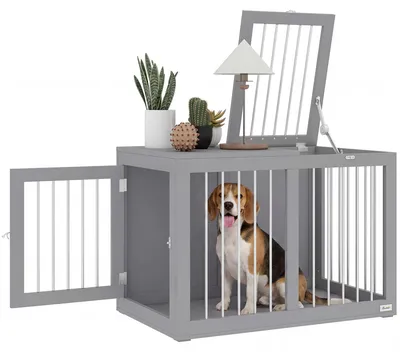 Produktbild von Hundekäfig Hundebox Hundetransportbox, 2 Türen, verriegelbar, Stahlgitter, 80 cm x 50 cm x 56,5 cm, Grau