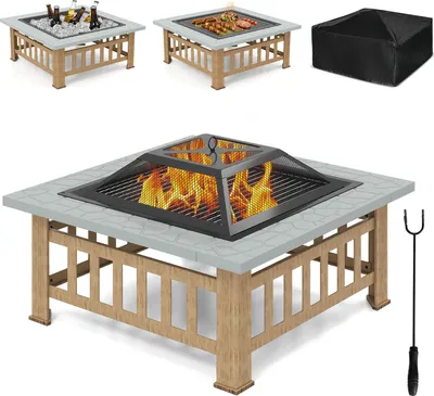 Produktbild von COSTWAY Feuerschale mit Grillrost, 3 in 1 Feuerkorb mit Funkenschutz und Schürhaken, Feuerstelle Garten Outdoor, 81 x 81 x 50 cm, Fire Pit, Grau