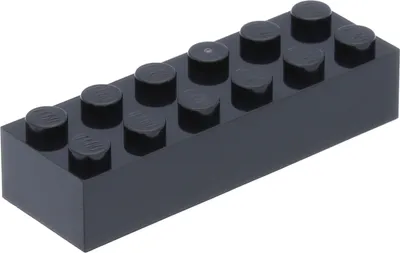 A single black Lego brick with 8 studs is shown from a diagonal angle against a white background.