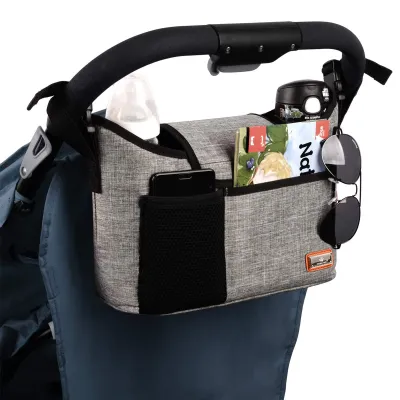 Produktbild von Kinderwagen-Organizer, universelle Aufbewahrungstasche für Kinderwagen mit 2 isolierten Becherhaltern und Schultergurt, kann auch als Handtasche für Babyzubehör verwendet werden (grau)