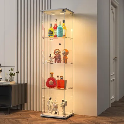 Produktbild von Glasvitrine Standvitrine mit LED, 1 Tür, 4 Glasböden, abschließbar, 164x42x36 cm, Weiß