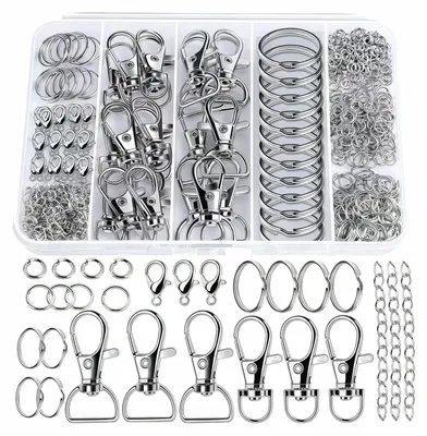 Produktbild von Metall-Schlüsselanhänger-Set - 524-teilig mit Karabinerverschlüssen, Spaltringen, Biegeringen und Verlängerungsketten - Silberfarben für DIY-Schmuck und Bastelprojekte