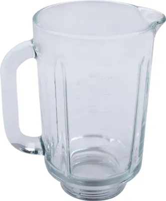 A clear glass blender jug with a handle and measurement markings.