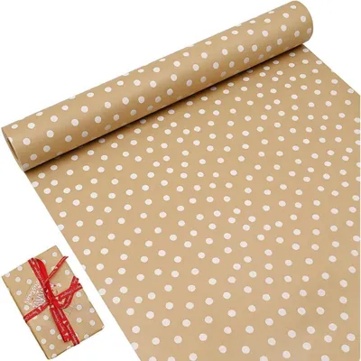 Obrázek produktu pro Dárkový papír, kraftový, s bílými tečkami, rozměry 43 cm x 15 m, recyklovatelný, 1 kus