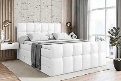 Produktbild von ALTDECOR Boxspringbett mit Matratze und Lattenrost  - RICAR -Z KING  - 200x200 cm  - Weiß Kunstleder - Topper, Fußteil, Polsterbett mit Bettkasten, Bett mit Stauraum H3 - und H4 - Matratze, Doppelbett, Springboxbett