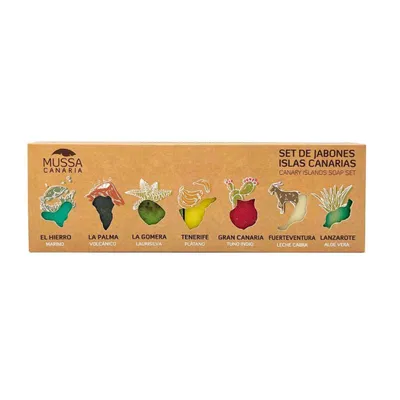 Zdjęcie produktu dla Canary Islands Soap Set 7in1 Mussa Canaria 350g. Zestaw naturalnych mydeł z Wysp Kanaryjskich El Hierro, La Palma, La Gomera, Tenerife Gran Canaria,