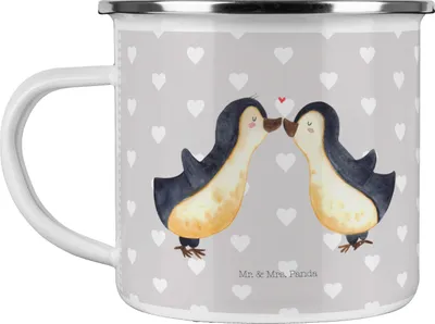 Produktbild von Mr. & Mrs. Panda Teetasse Pinguin Liebe - Grau Pastell - Geschenk, Teebecher, Jahrestag, Emailletasse, Pinguine, Hochzeitstag, Emaille Tasse, Pärchen, Hochzeit, Pott
