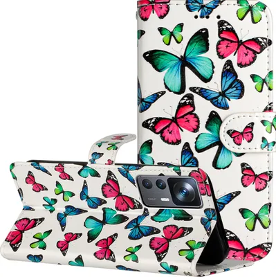 Produktbild von CLM-Tech Hülle kompatibel mit Xiaomi 12T / Xiaomi 12T Pro - Tasche aus Kunstleder - Klapphülle mit Ständer und Kartenfächern, bunte Schmetterlinge