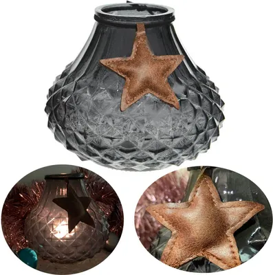 Produktbild von Vintage XL Glas Windlicht Grau Blau Stern 11cm Deko Teelichthalter Teelichtglas
