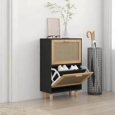 Produktbild von "2026 Promotion" Schuhschrank, moderner Schuhkommode, Schwarz 52x25x80 cm Holzwerkstoff & Rattan Natur - Schuhregale CC20720