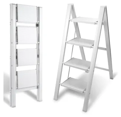 Produktbild von 4-Stufen Aluminium Klappleiter, Leichte Stehleiter, Trittleiter 4 Stufen, Rutschfeste Leiter mit Klappsicherung, Klappleiter für Haushalt und Küche, Belastbar bis 150 kg, Silbrig