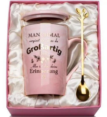 Immagine prodotto di Tazza da caffè da 400 ml, rosa marmo con decorazione dorata, con coperchio e cucchiaino