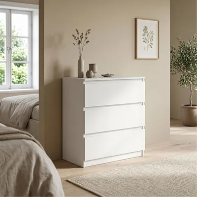Produktbild von Masseno Kommode NUDO 70 cm Sideboard mit 3 Schubladen und  Türen für Wohnzimmer Schlafzimmer Modern 70x39x78,5 cm Weiß / Weiß