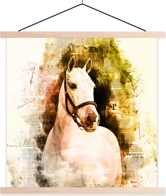 Produktbild von MuchoWow® Textilposter Pferd - Gelb - Zeitung - Mädchen - Kinder - Mädchen 120x120 cm mit holzfarbenen Rahmen - Textil-Poster
