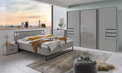 Produktbild von Schlafzimmer-Set >Tilburg< (5tlg.) Bett 168x92x210cm, Schrank, Kommoden, Saharagrau / Grafit