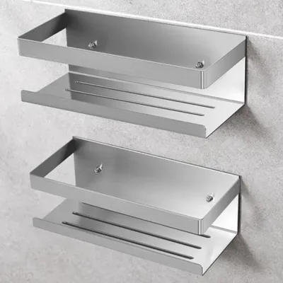 Productafbeelding van PromoHome® Roestvrijstalen doucheplank zonder boren – 2 stuks – Zilver – Zelfklevende wandmontage, badkamerorganizer met een draagvermogen van 7 kg, geschikt voor douche en badkamer