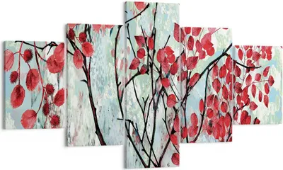 Produktbild von Bild auf Leinwand - Leinwandbild - 5 Teile - Rot Blätter Zweige - 125x70cm - Wand Bild - Wanddeko - Wandbilder - Leinwanddruck - Bilder - Wanddekoration - Leinwand bilder - Wandbild - EA125x70-4508