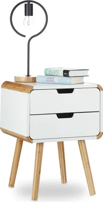 Produktbild von 2 x Nachttisch 2 Schubladen, Holz Nachtschrank, platzsparende Schlafzimmer Kommode, HxBxT: 55 x 40 x 40 cm, weiß
