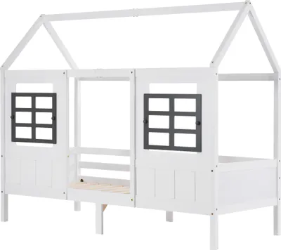 Produktbild von Flieks Kinderbett Hausbett 90x200cm mit Rausfallschutz, Einzelbett mit Lattenrost und 2 Fenstern, Massivholzbett Bodenbett Kinderbett für Junge und Mädchen, Weiß