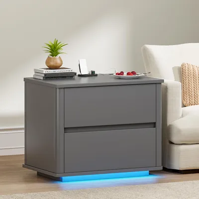 Nachttisch mit 2 Schubladen, LED-Licht & Ladestation, grau