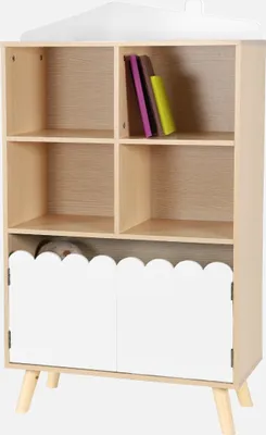 A wooden bookshelf with white doors and four shelves.