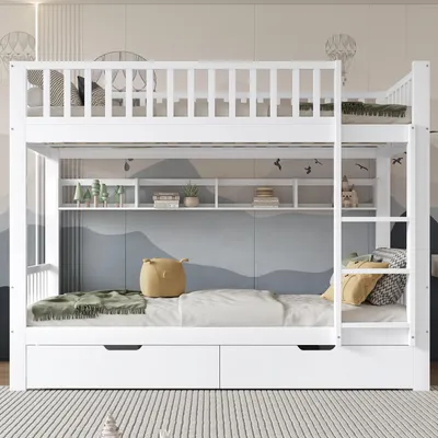 Zdjęcie produktu dla Łóżko piętrowe 90x200 cm, łóżeczko dziecięce z schodami, barierami ochronnymi, półkami i szufladami wykonanymi z MDF, rama z drewna sosnowego, kolor biały