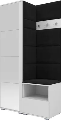 Produktbild von Garderoben-Set Nela I mit Spiegel, Polstergarderobe mit Schuhschrank, Dielenmöbel-Set mit Hochschrank (Farbe: Weiß + Trinity 16 (Schwarz))