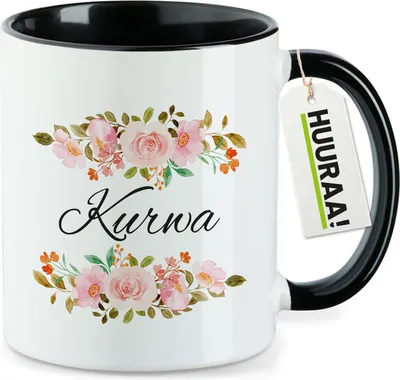 Produktbild von Huuraa Kaffeetasse Kurwa polnisch Blumen 330ml Schwarz Keramik Kaffeebecher Geschenkidee