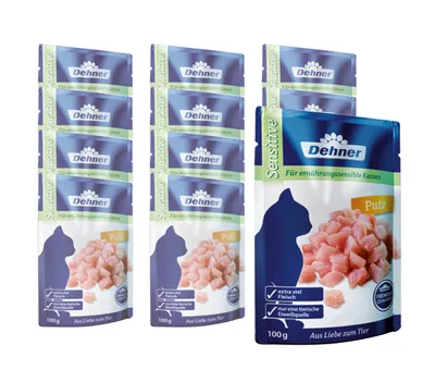 Produktbild von Dehner Premium Katzenfutter Sensitive, Nassfutter, für ernährungssensible Katzen, Pute, 12 x 100 g Beutel (1.2 kg)