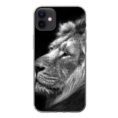 Produktbild von MuchoWow® Handyhülle Schutzhülle Hülle für iPhone 12 mini Löwe vor schwarzem Hintergrund in schwarz und weiß Silikon Softcase Handy Hülle - Bild