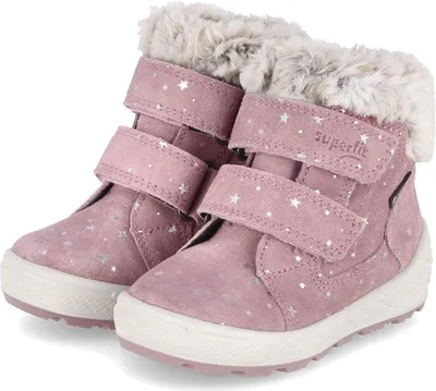 A pair of pink children's boots with silver stars and faux fur trim.