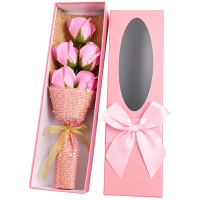 Produktbild von Seifenrosen Flower Box – Strauß mit 5 rosa Rosen als Geschenk