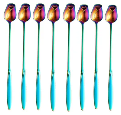 Produktbild von 8 Stück Edelstahl-Rosen-Kaffeelöffel, Teelöffel-Set für Espresso, Eier & Desserts - ideal für Kaffee, Tee, Milch & Partys