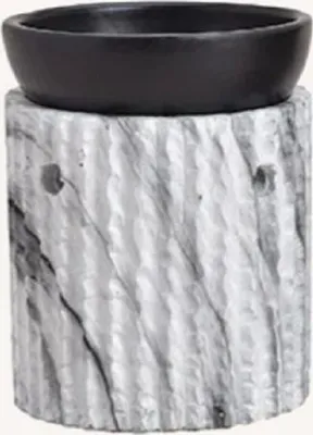 Duftlampe mit schwarzer schalenförmigen Schale und einem zylindrischen Sockel aus grauem Marmorstein