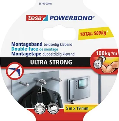 Produktbild von TESA Powerbond Ultra Strong, Montageband, Weiß, 5 m, Drinnen, Kunststoff, Stein, Holz, 1 kg/cm
