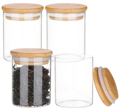 Glasdosen mit Bambusdeckel, 4x200 ml, luftdicht, rund