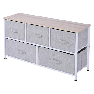 Image de HOMCOM Commode meuble de rangement 100 x 30 x 54 cm 5 tiroirs non-tissés gris structure acier blanc bois clair