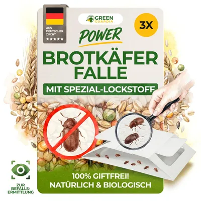 Produktbild von Green Guardia Brotkäfer Falle mit Spezial-Lockstoff - 3x Fallen - Brotkäfer bekämpfen, Häuschen-Falle, Alternative zu Pheromonfalle für Brotkäfer