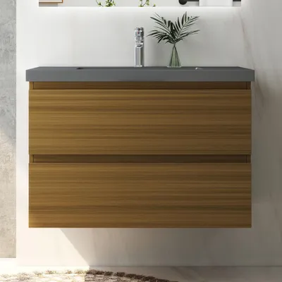 Produktbild von Waschtisch mit Unterschrank 80cm Alast Badmöbel Set Walnussbraun Waschbecken Dunklegrau mit Unterschrank Softclose